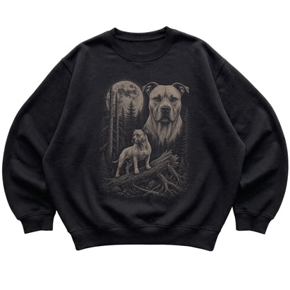 Pitbull Moonlit Forest graphic on a black crewneck sweatshirt laid flat