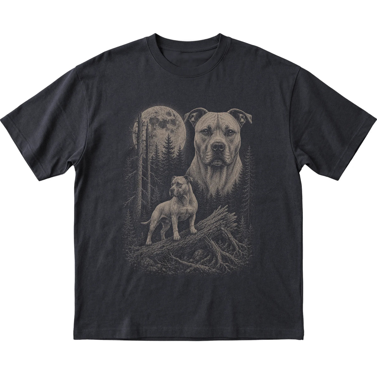 Pitbull Moonlit Forest graphic on a black Softstyle T-shirt laid flat