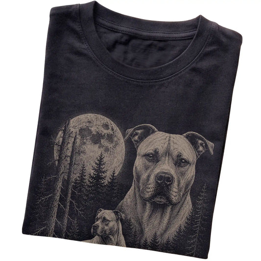 Folded black Softstyle T-shirt showing the Pitbull Moonlit Forest graphic
