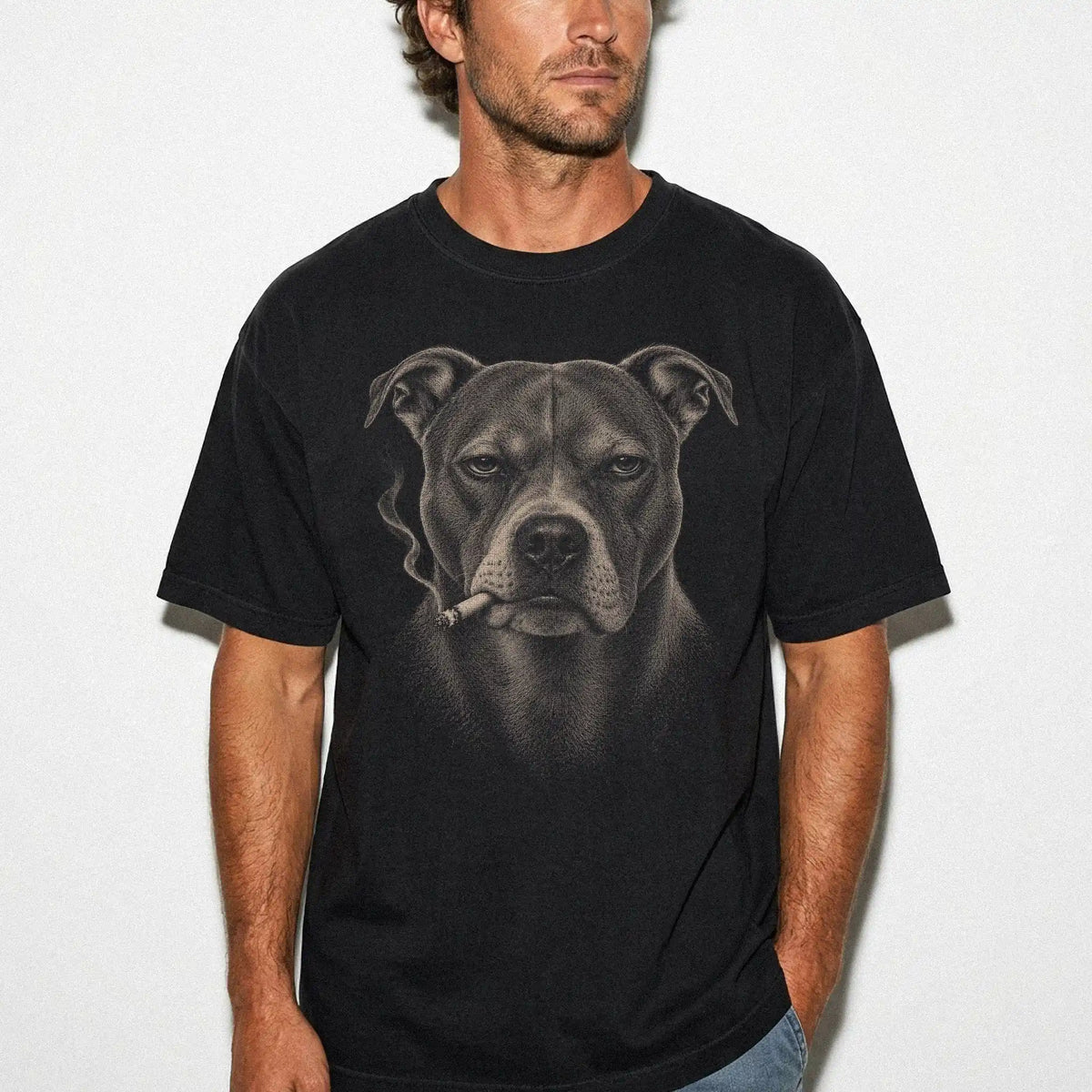 Model wearing a Pitbull smoking design on a Black t-shirt
