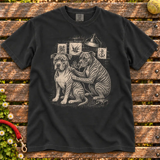 Pitbull Tattoo design on a Black Comfort Colors T-shirt, shown flat
