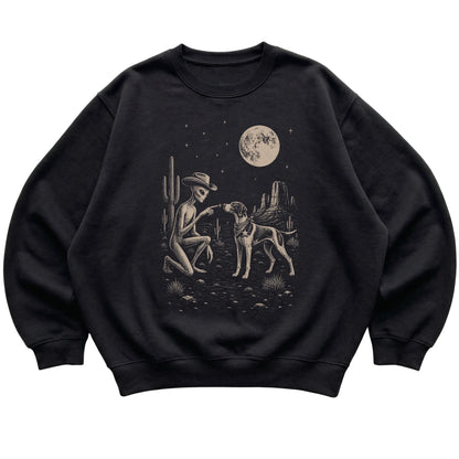 Black crewneck sweatshirt featuring Pointer Cowboy and Alien, laid-flat presentation
