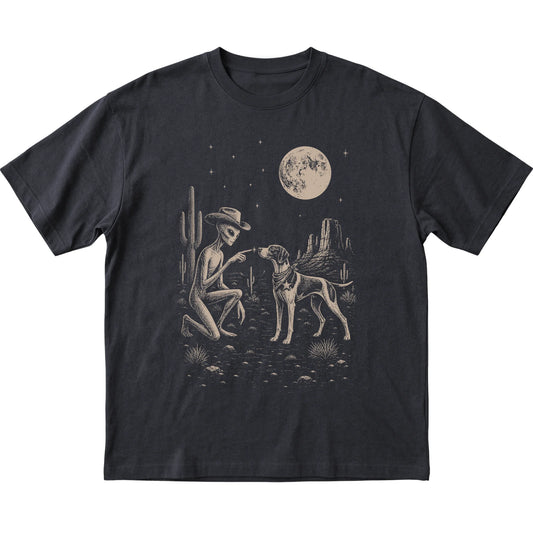 Black T-shirt featuring Pointer Cowboy and Alien, laid-flat presentation