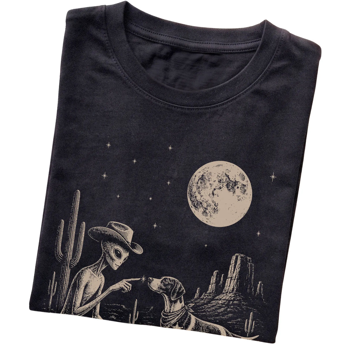 Black T-shirt featuring Pointer Cowboy and Alien, folded presentation