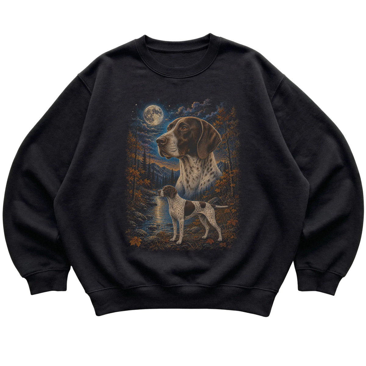 black sweatshirt with Pointer Autumn Moon artwork.