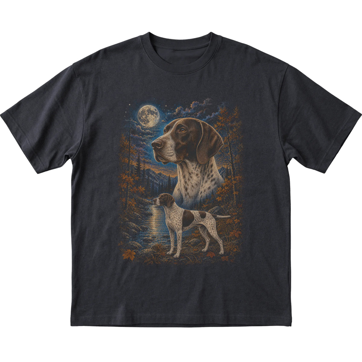 black T-shirt with Pointer Autumn Moon artwork.