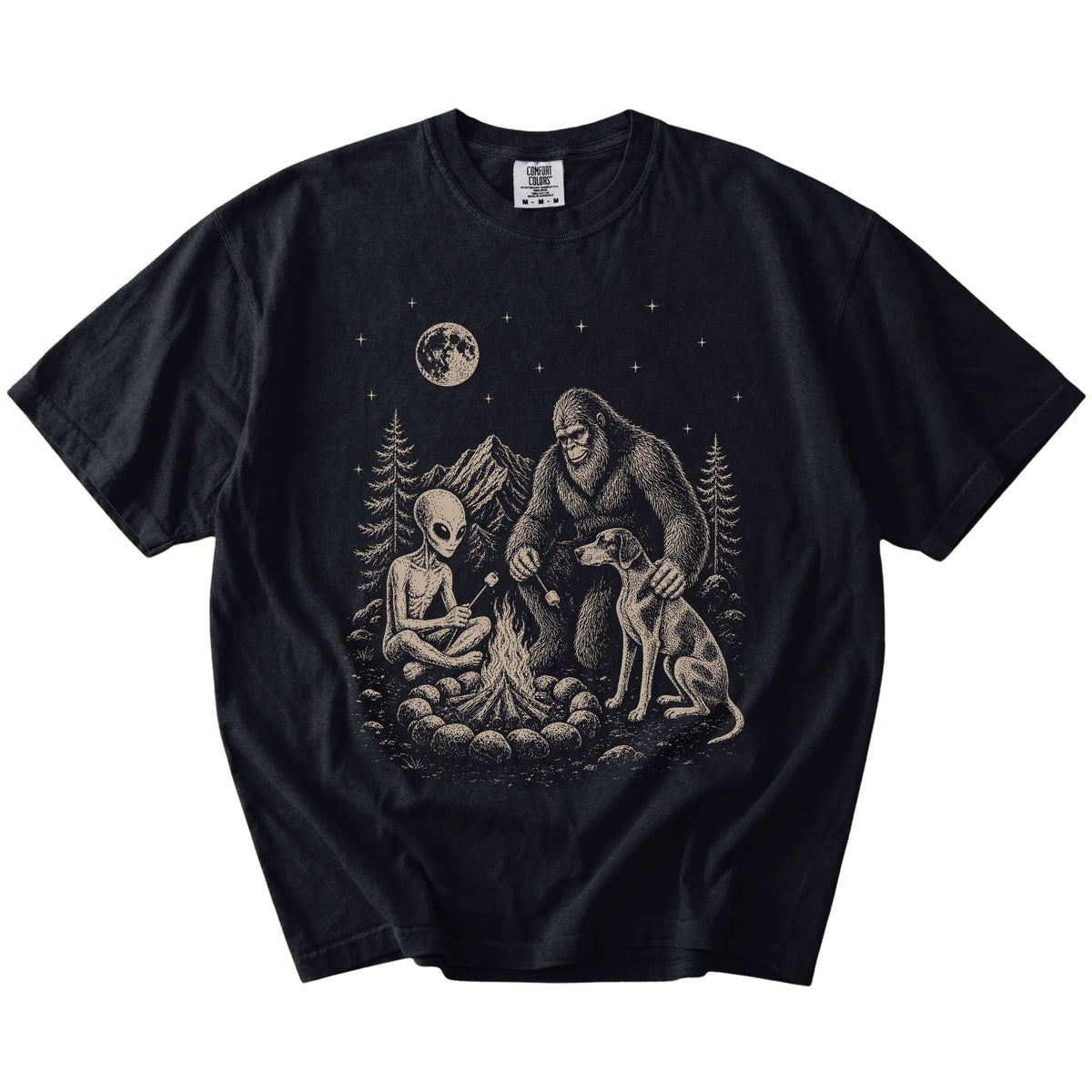 Pointer camping with Bigfoot and an alien on a Black Comfort Colors® T-shirt