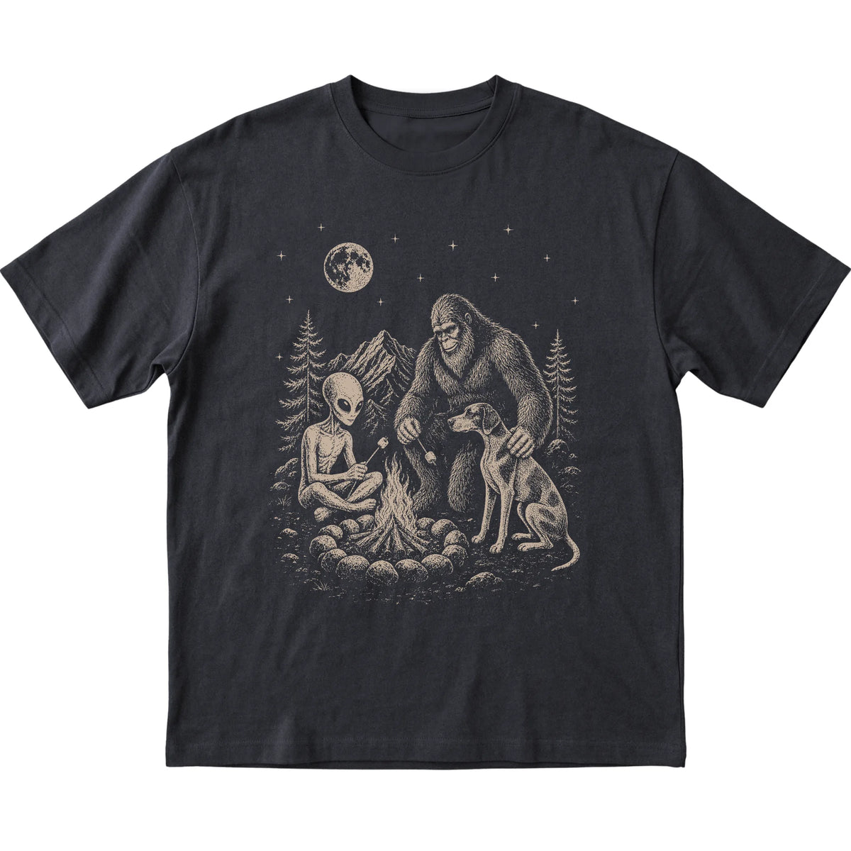 Black Pointer Camping with Bigfoot and Alien shirt laid flat