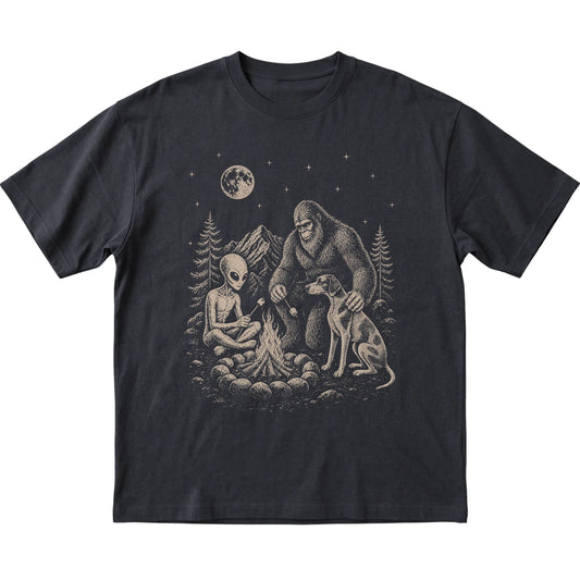 Black Pointer Camping with Bigfoot and Alien shirt laid flat