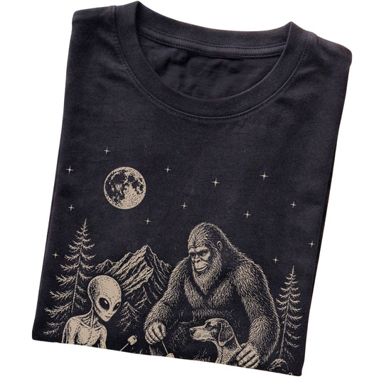 Black Pointer Camping with Bigfoot and Alien folded detail view