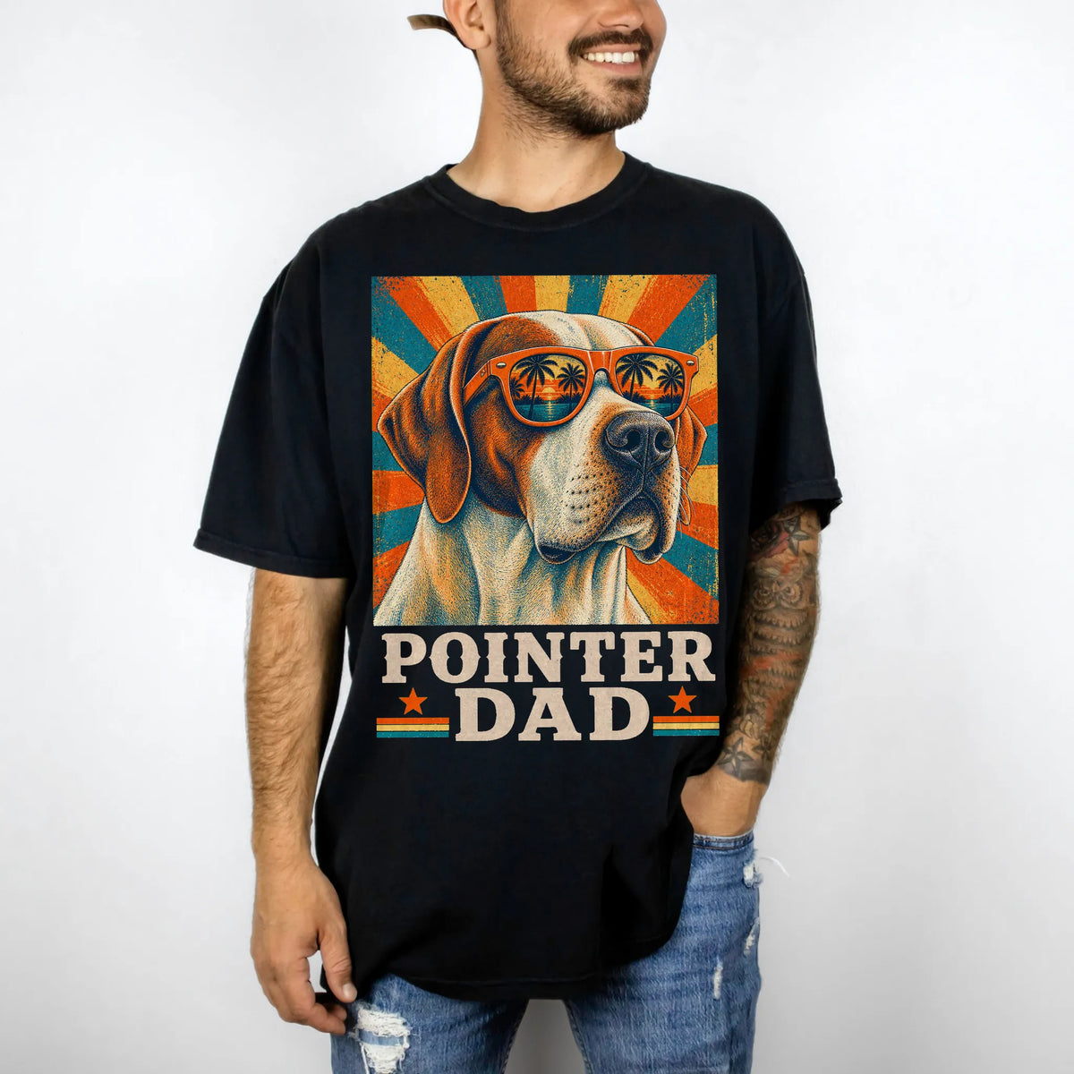 Retro Pointer Dad design on a Black Comfort Colors T-shirt worn by a model