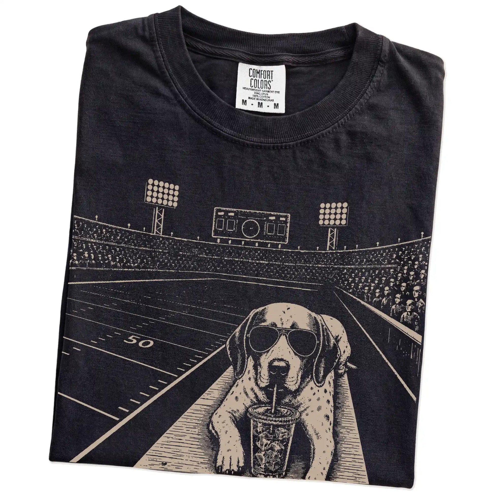 Folded Black Comfort Colors® T-shirt showing Pointer ready for football and tailgate season