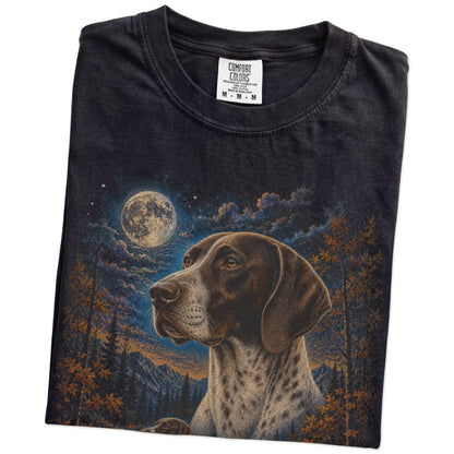 Folded Black Comfort Colors® t-shirt showing Pointer in a fall forest graphic