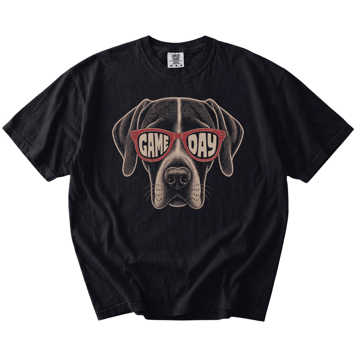 Pointer wearing red Game Day sunglasses on a Black Comfort Colors® T-shirt
