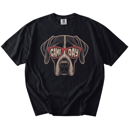 Pointer wearing red Game Day sunglasses on a Black Comfort Colors® T-shirt