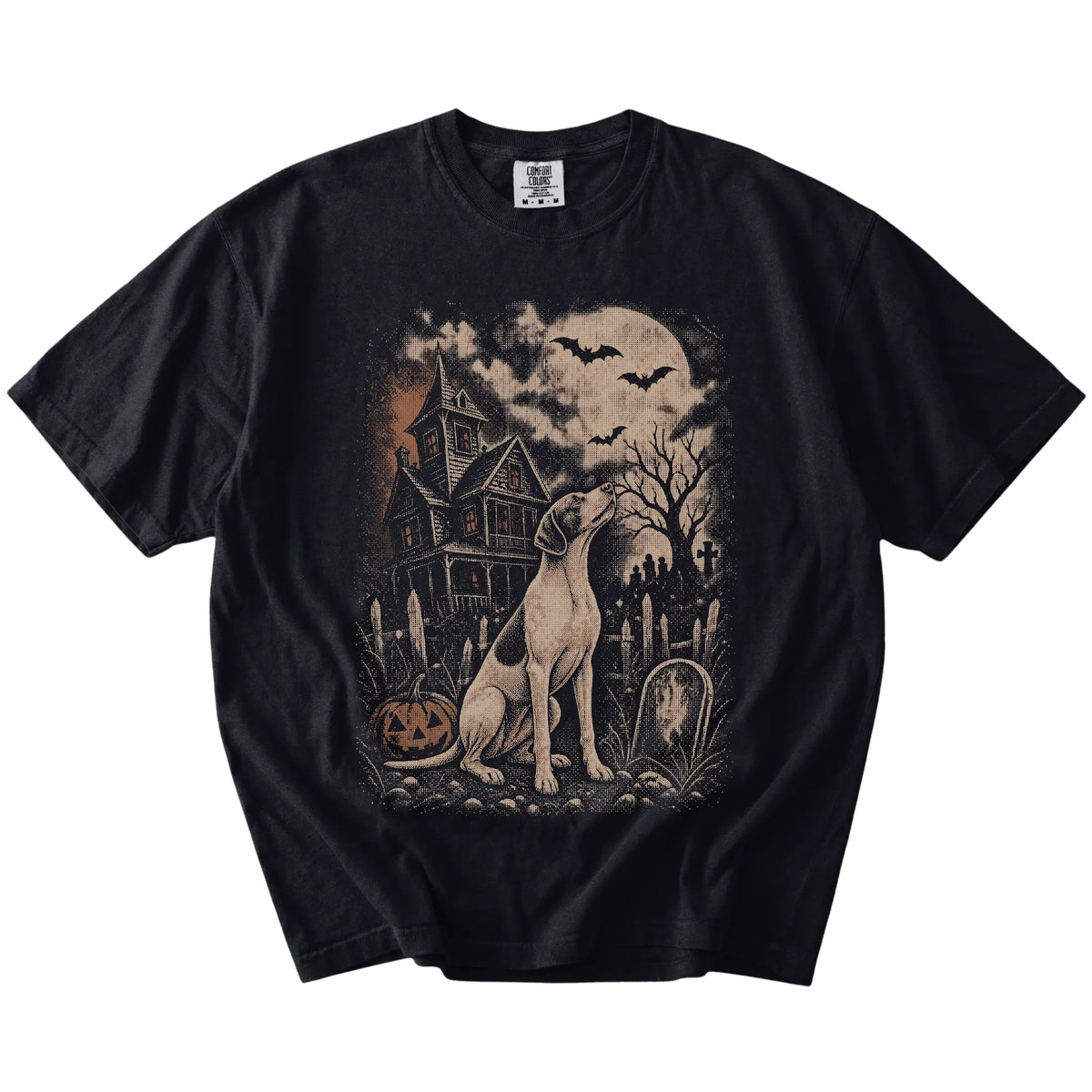 Pointer in a vintage haunted-house scene on a Black Comfort Colors® T-shirt