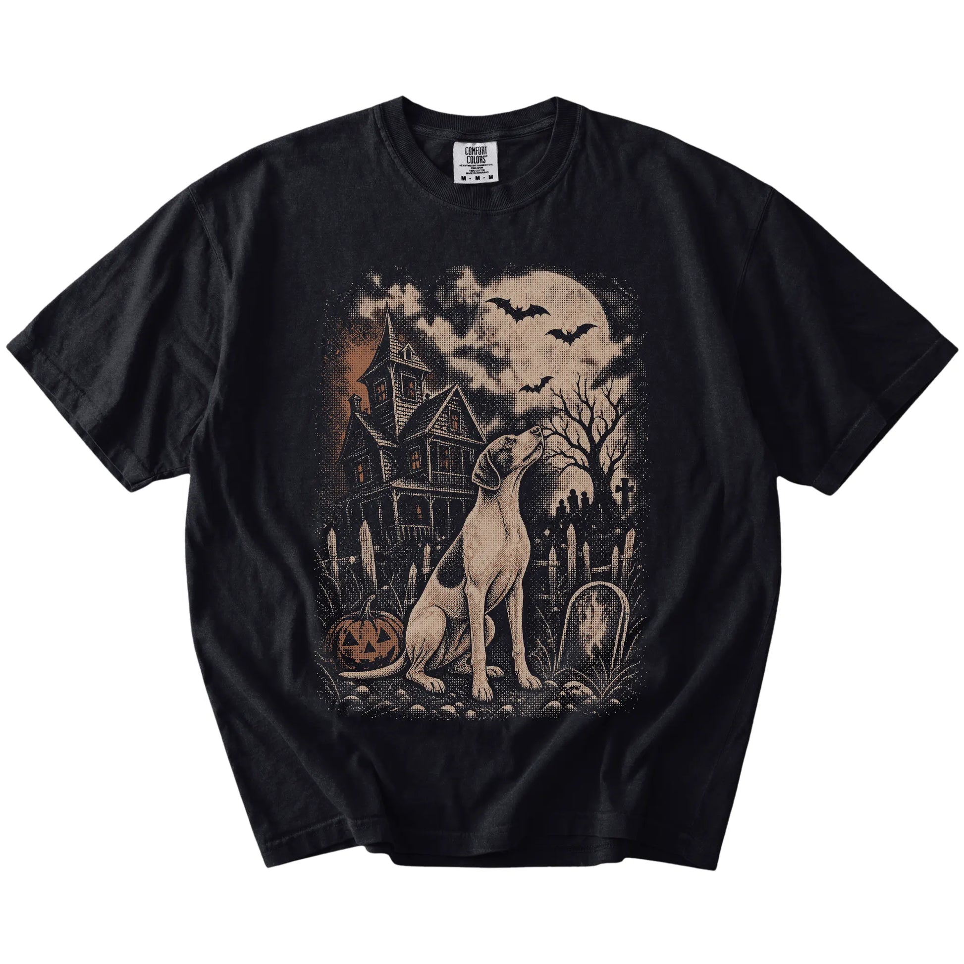Pointer in a vintage haunted-house scene on a Black Comfort Colors® T-shirt