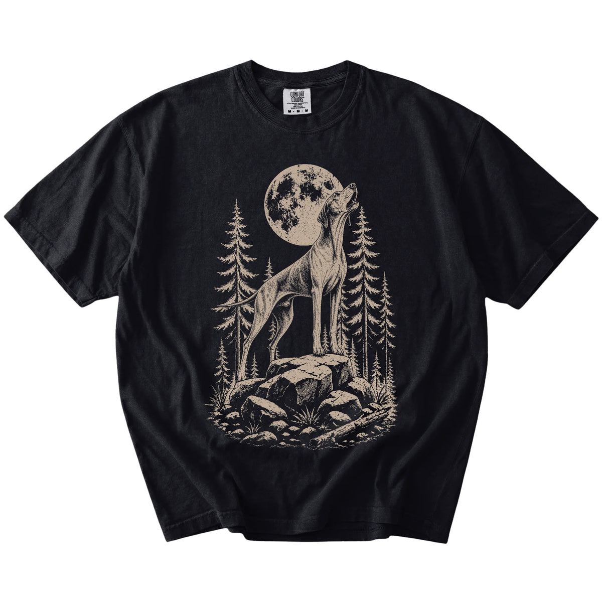 Pointer howling beneath the moon and pine trees on a Black Comfort Colors® T-shirt