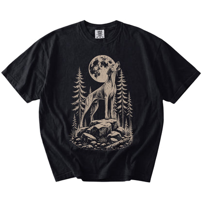Pointer howling beneath the moon and pine trees on a Black Comfort Colors® T-shirt