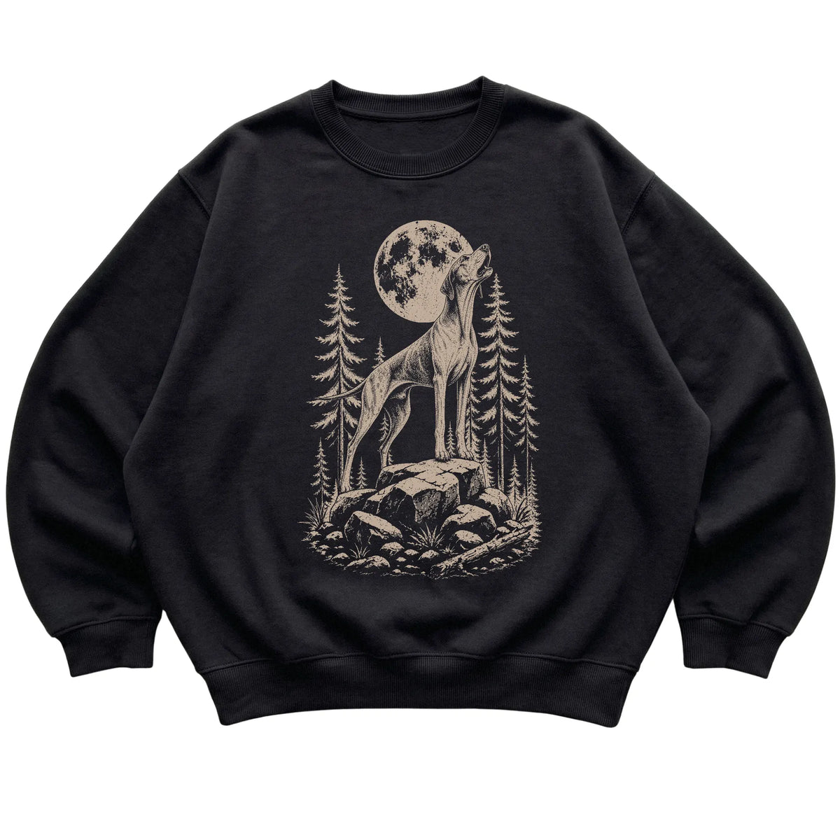 Close view of Pointer Howling at the Moon artwork on Black crewneck sweatshirt