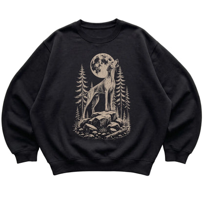Close view of Pointer Howling at the Moon artwork on Black crewneck sweatshirt