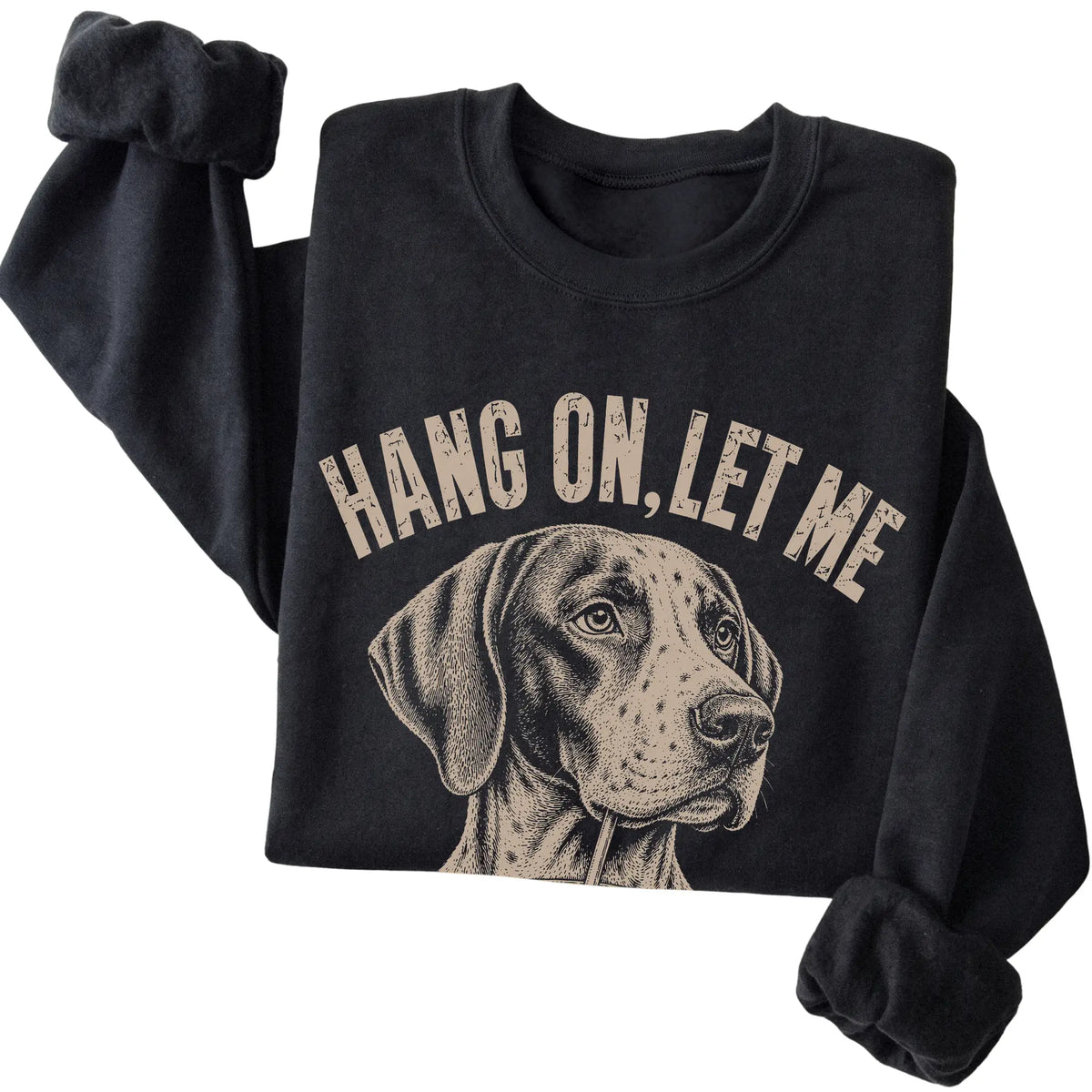 Black crewneck sweatshirt featuring Overthinking Pointer, folded presentation