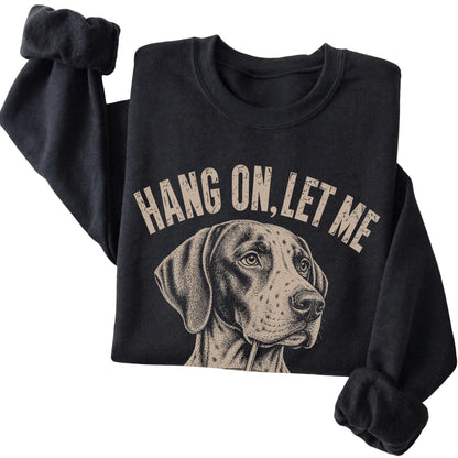 Black crewneck sweatshirt featuring Overthinking Pointer, folded presentation