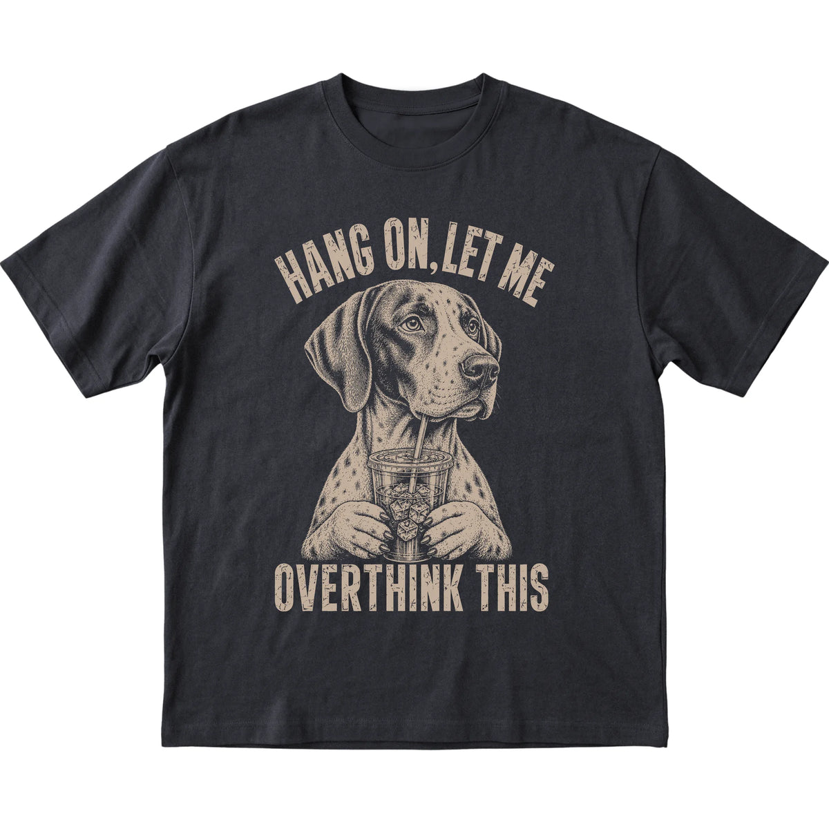 Black T-shirt featuring Overthinking Pointer, laid-flat presentation