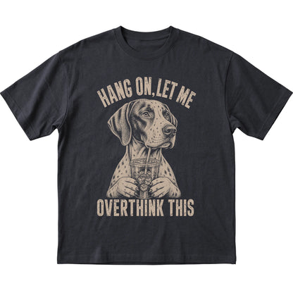 Black T-shirt featuring Overthinking Pointer, laid-flat presentation