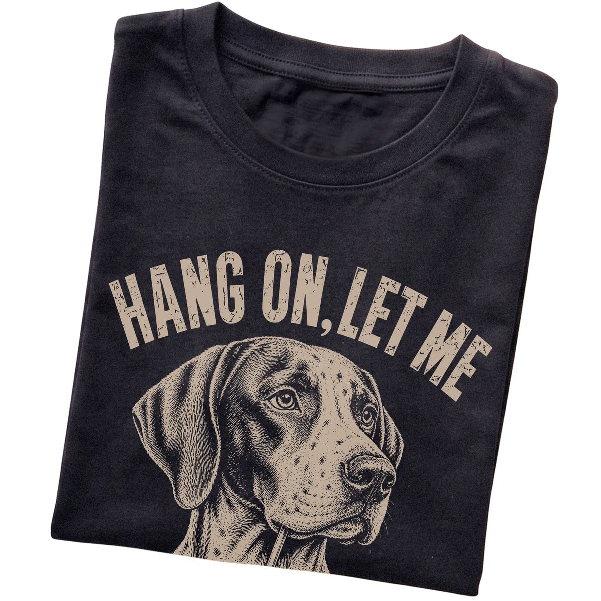 Black T-shirt featuring Overthinking Pointer, folded presentation