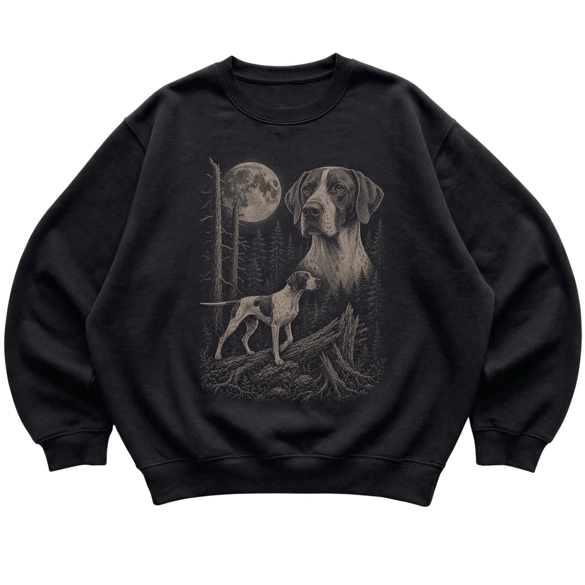 Pointer Moonlit Forest graphic on a black crewneck sweatshirt laid flat