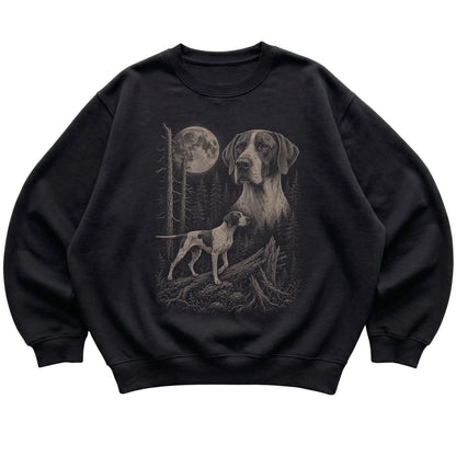 Pointer Moonlit Forest graphic on a black crewneck sweatshirt laid flat