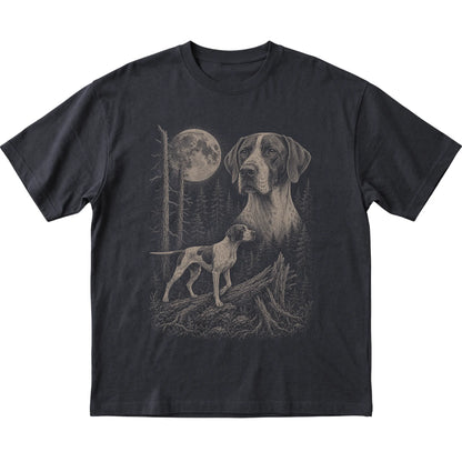 Pointer Moonlit Forest graphic on a black Softstyle T-shirt laid flat