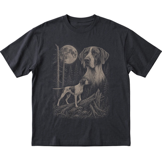 Pointer Moonlit Forest graphic on a black Softstyle T-shirt laid flat