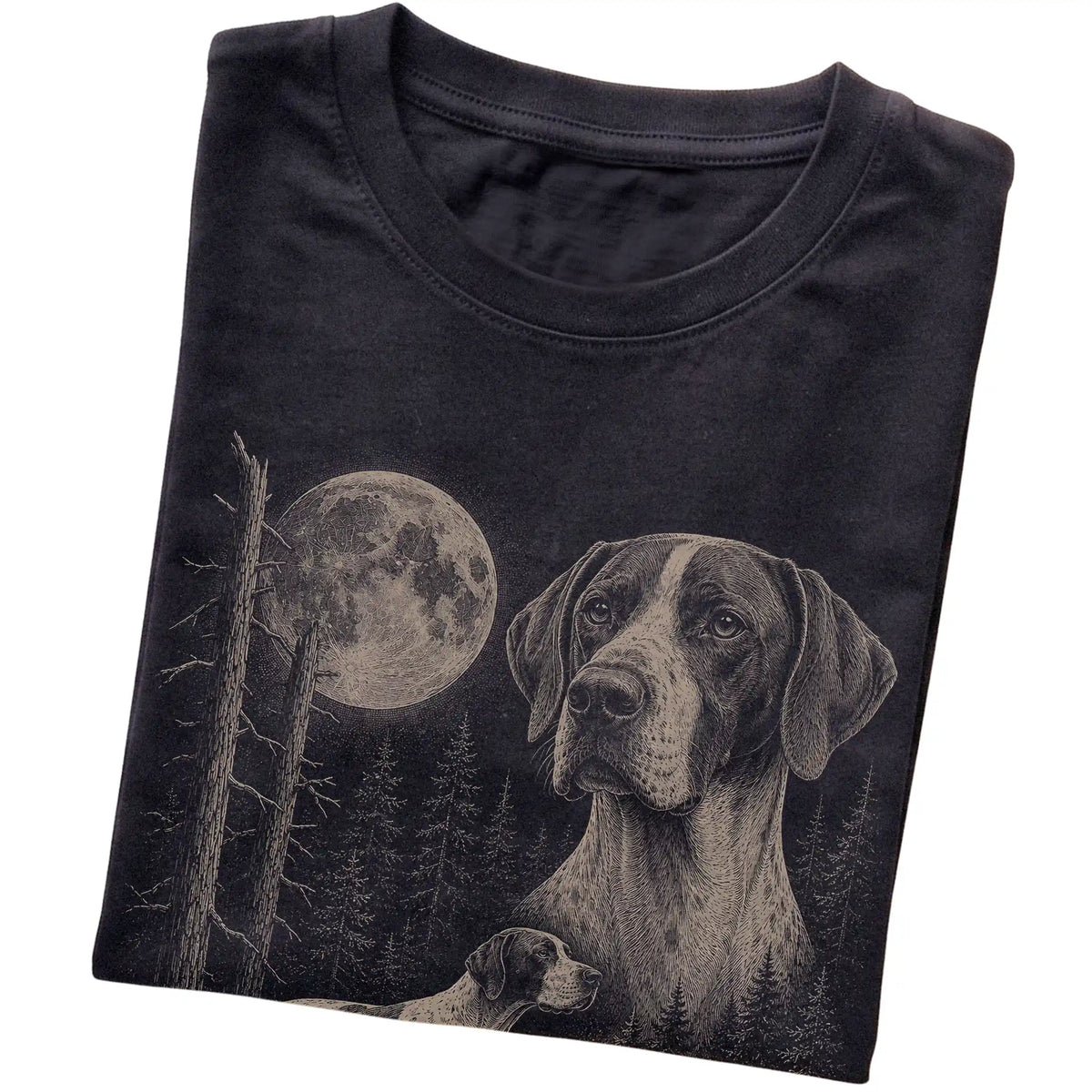 Folded black Softstyle T-shirt showing the Pointer Moonlit Forest graphic