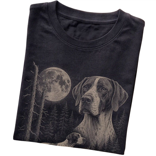 Folded black Softstyle T-shirt showing the Pointer Moonlit Forest graphic