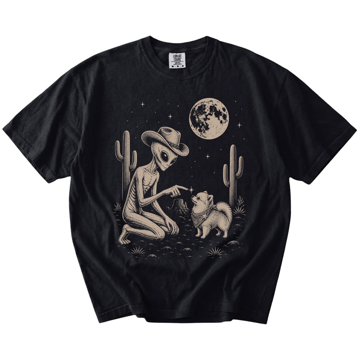 Cowboy alien fist-bumping a Pomeranian beneath the moon on a Black Comfort Colors® T-shirt