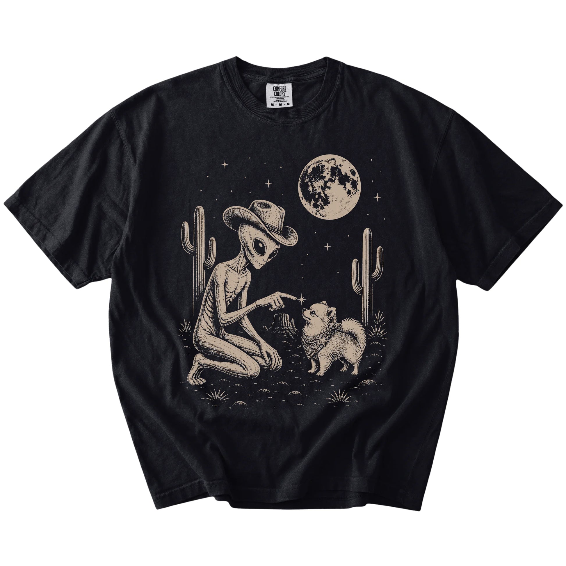 Cowboy alien fist-bumping a Pomeranian beneath the moon on a Black Comfort Colors® T-shirt