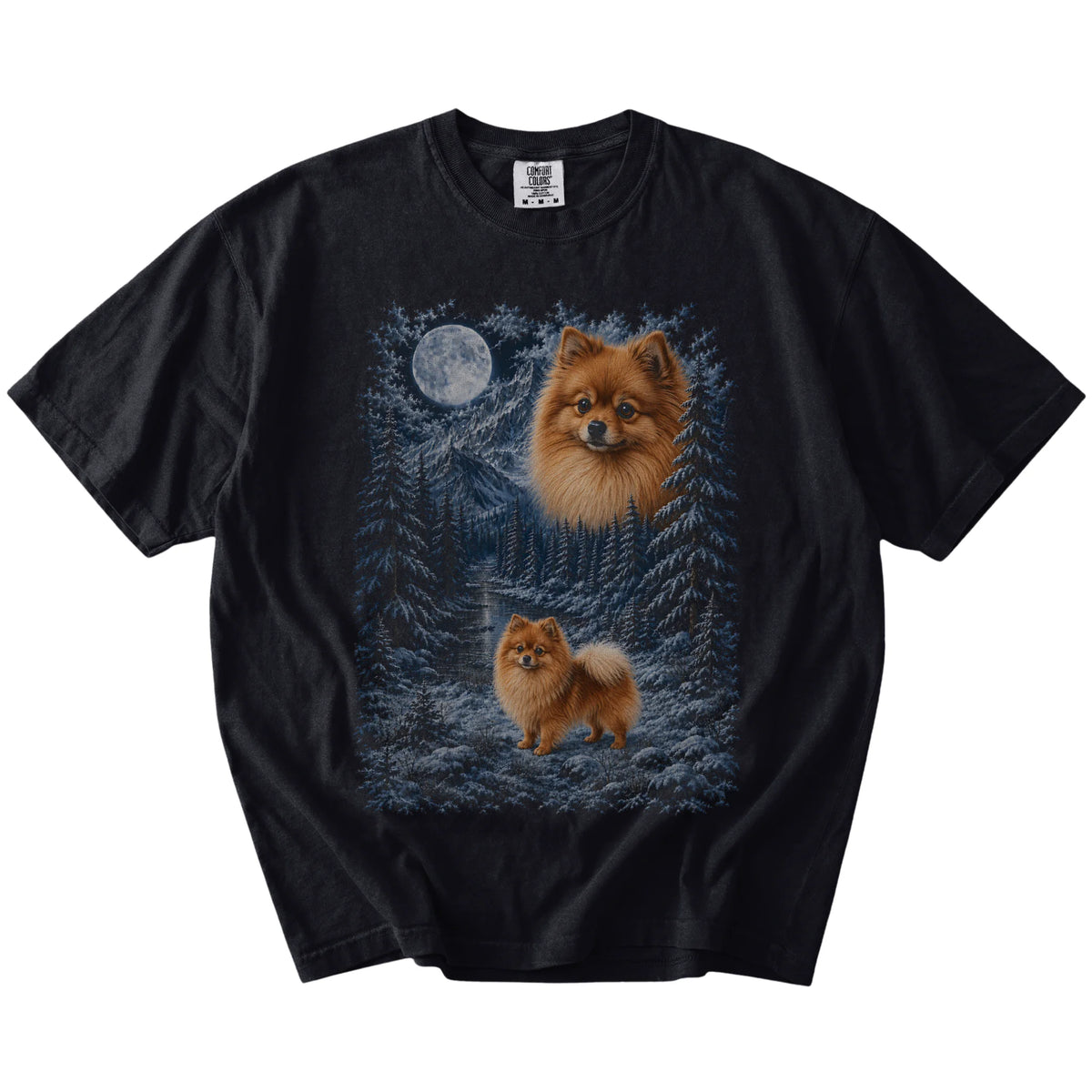 Pomeranian in a snowy winter forest on a Black t-shirt