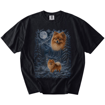 Pomeranian in a snowy winter forest on a Black t-shirt