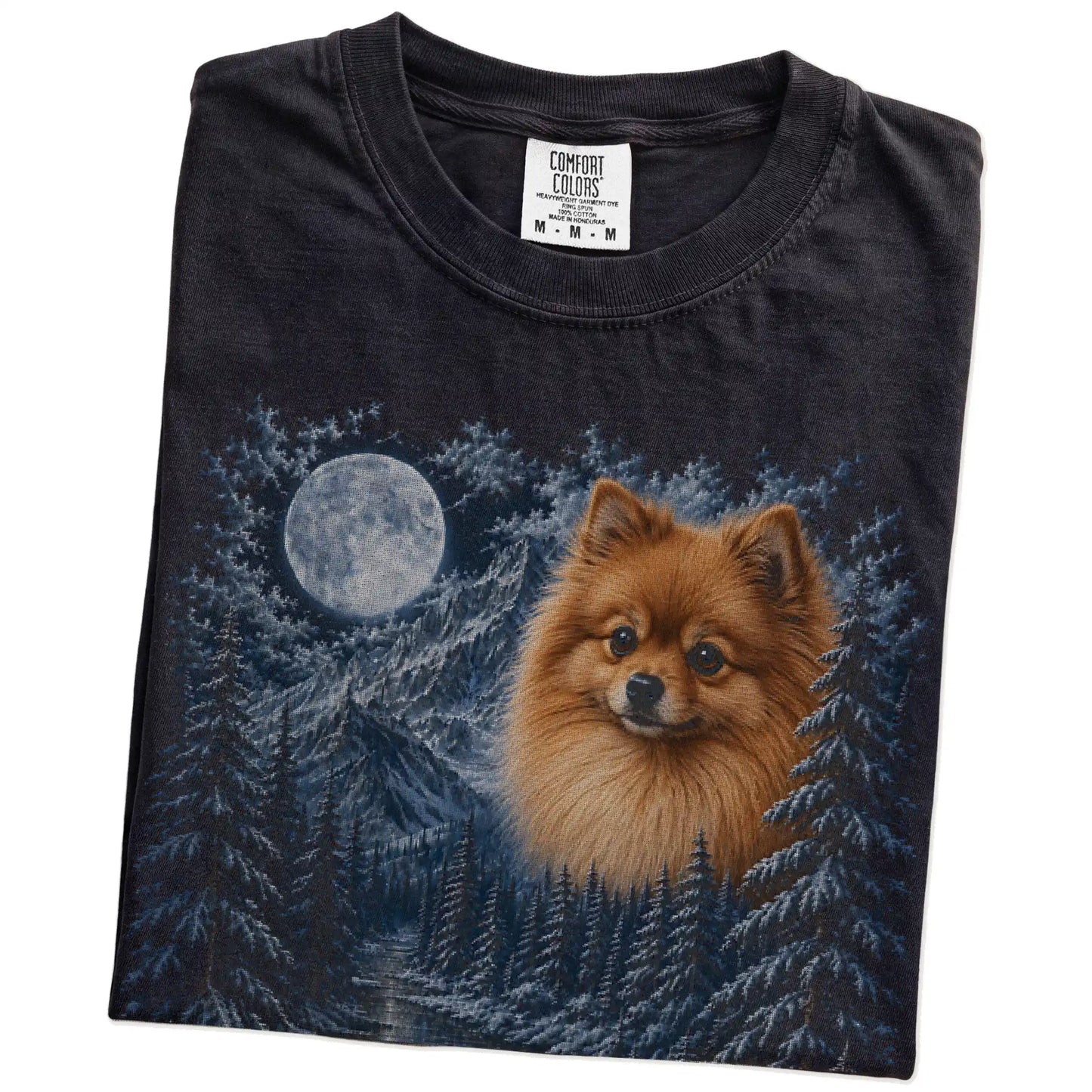 Folded Black Pomeranian winter forest t-shirt