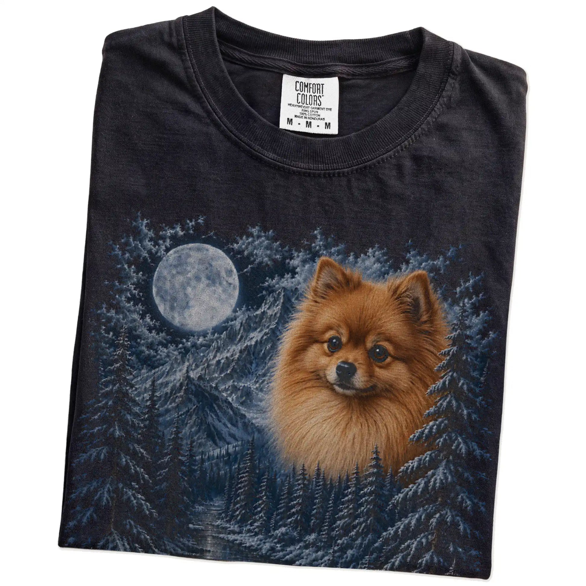 Folded Black Pomeranian winter forest t-shirt