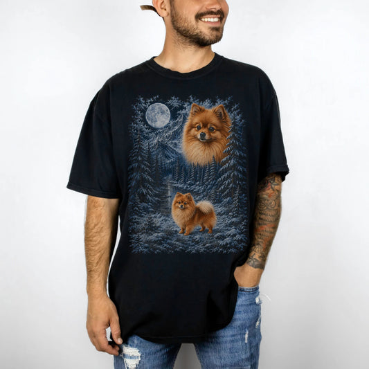 Person wearing a Black Pomeranian winter forest t-shirt
