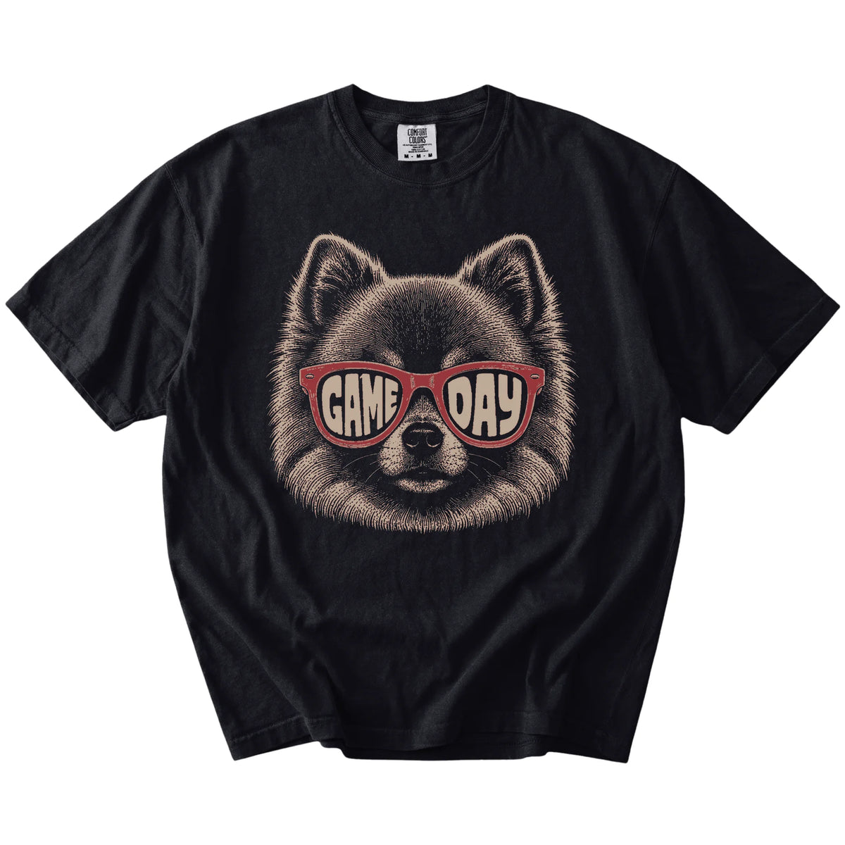 Pomeranian wearing red Game Day sunglasses on a Black Comfort Colors® T-shirt