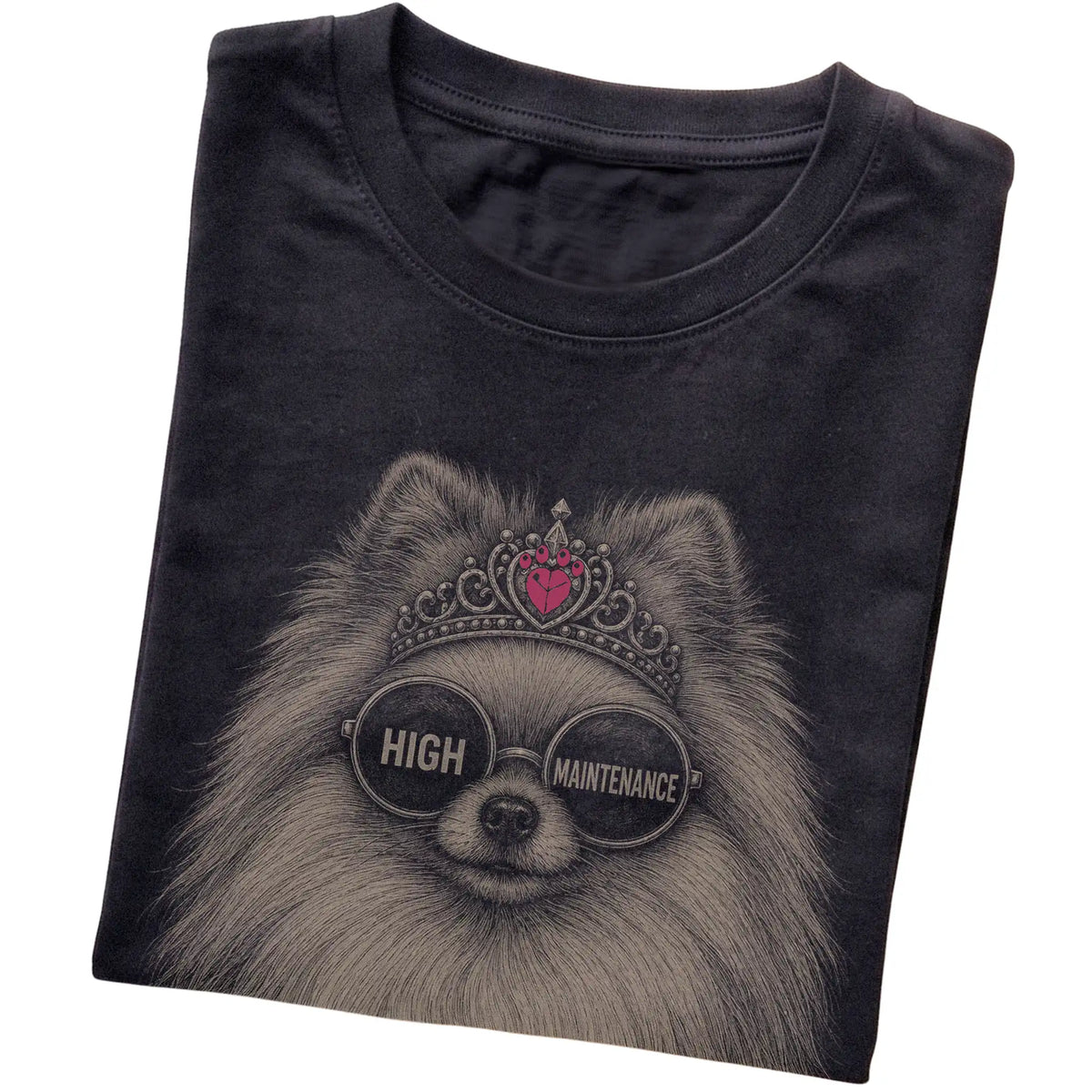 Black Pomeranian High Maintenance T-Shirt folded detail