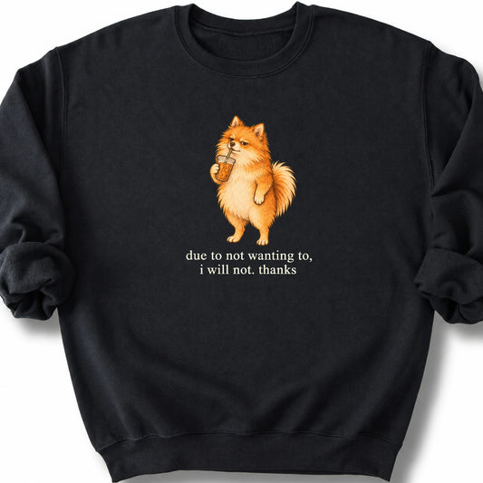 Pomeranian I Will Not design with iced coffee on a black sweatshirt
