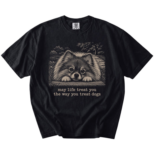 Pomeranian Karma Comfort Colors T-shirt in Black — Flat Lay