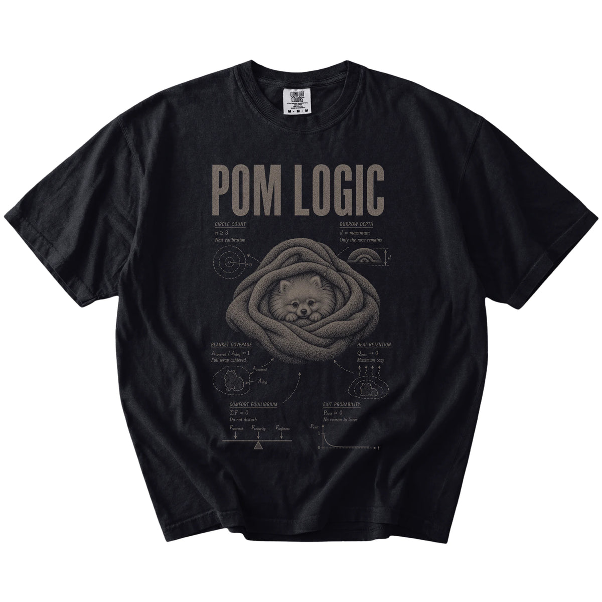 Black Pomeranian Logic T-Shirt laid flat