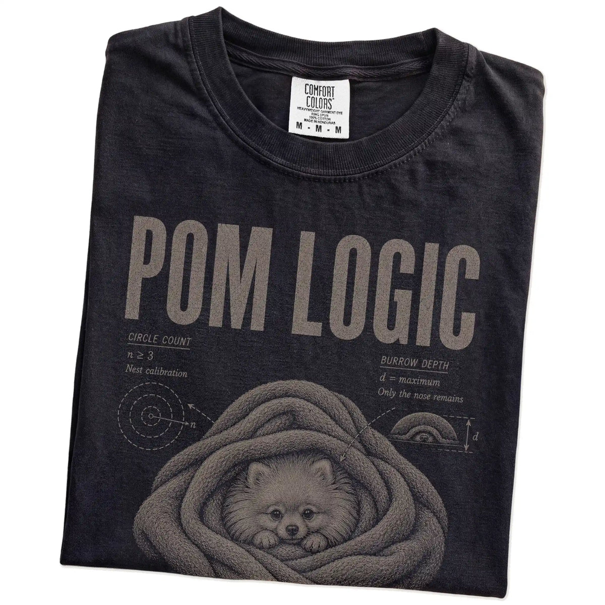 Folded Black Pomeranian Logic T-Shirt showing the graphic