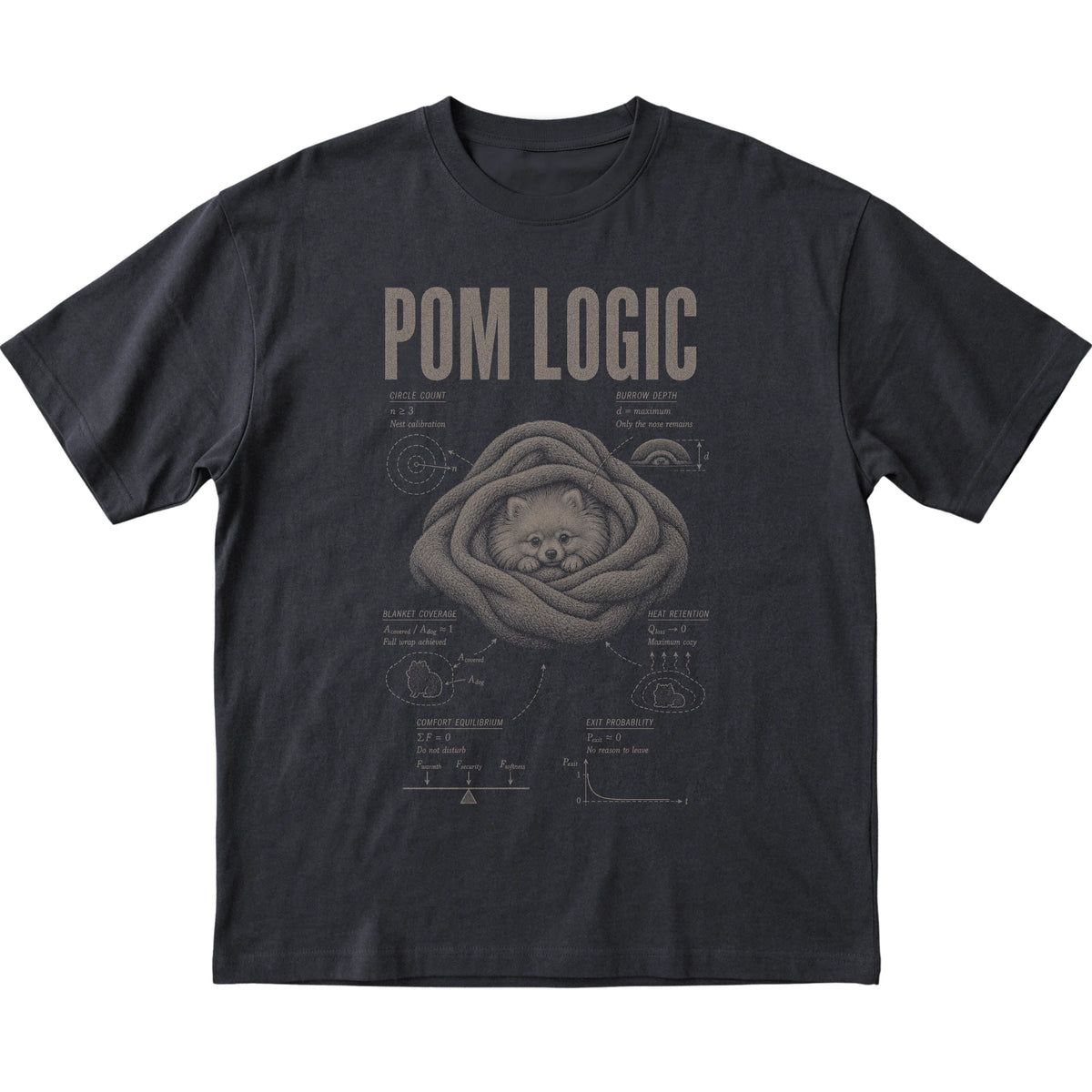 Black Pomeranian Logic T-Shirt laid flat